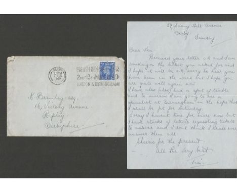 Tim Ward. A Personal Letter Written by Former Derby & England International Tim Ward to A Friend Requesting a Match Ticket, C