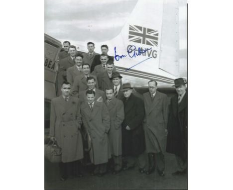 Don Gibson B/W 8" X 6" Photo Depicting Man United Players & Officials Boarding a Plane for Brussels In 1952, Signed by Don Gi