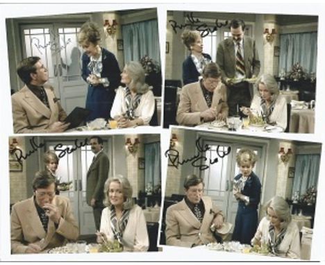 Prunella Scales signed 10x8 colour Fawlty Towers montage. Signed 4 times. Good condition. All signed items will come with a C