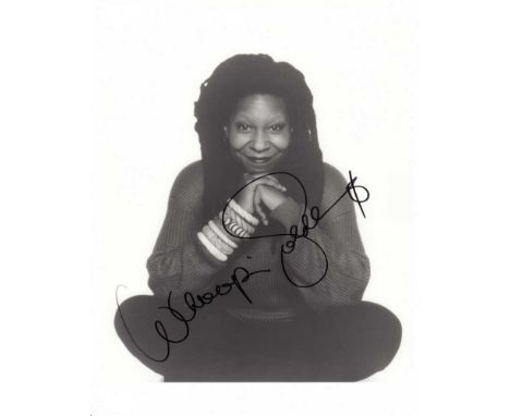 Whoopi Goldberg signed 10 x 8 black and white photo. Lovely cross legged portrait of the comedian and actress. Good condition