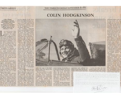 Flight Lieutenant Colin Hoppy Hodgkinson RAF. Note and signature of WW2 ace. In WWII, only three pilots lost both their legs 
