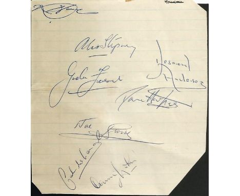 Alex Stepney signed page. Irregular cut page featuring seven Millwall FC football autographs from the 1960s including Alex St