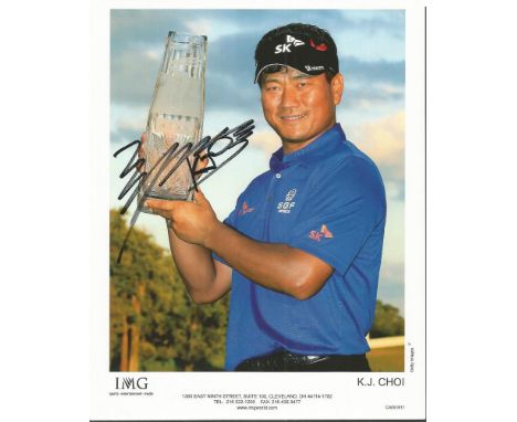 Golf signed collection. Eight 10 x 8 colour photos signed by K J Choi, Tommy Armour, Nick Faldo, Karrie Webb, Chip Beck, Bill