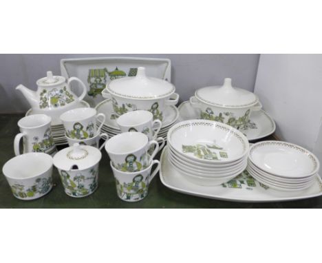 A Figgjo Norway Market pattern tea and dinner service; seven plates, four side plates, six tea plates, six cups and saucers, 