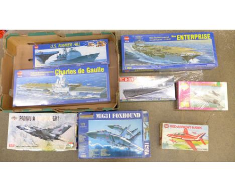 Eight Military model kits, Kitech Enterprise, Charles de Gaulle, SMER Hawker Hurricane, Airfix Panaria Tornado GRI, etc. 