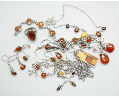 A collection of silver and amber jewellery 