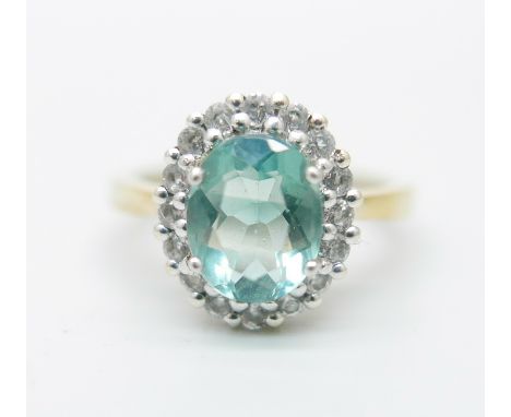 A silver gilt, green fluorite and topaz ring, S 