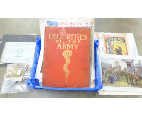 Mixed ephemera, Illustrated London News, Adventure comic, Celebrities of the Army, prints, engravings, photographs and some d