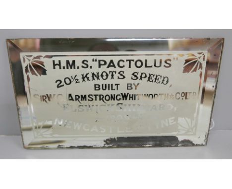 Shipping; an original 19th Century bevelled edge mirror from HMS Pactolus, 26.5cm x 15.5cm with information sheet 