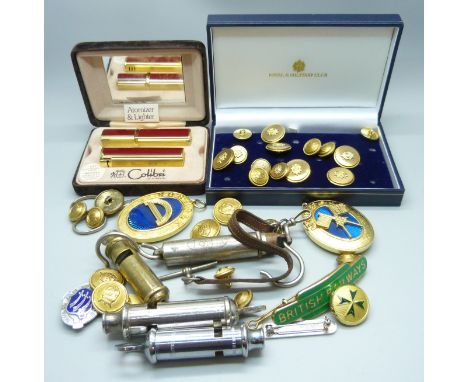 Masonic badges, whistles, a boxed Calibri lighter and atomiser, BR badges, etc. 