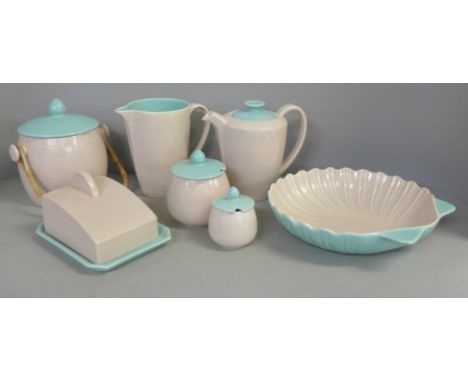 A collection of Poole twintone pink and green pottery 