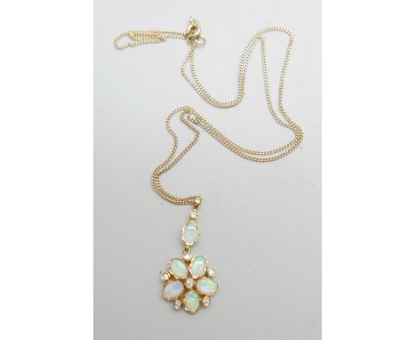 A 9ct gold, opal and diamond pendant on a fine 9ct gold chain, 4.2g, chain 50cm 