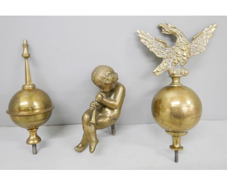 Three 19th Century grandfather clock brass finials 