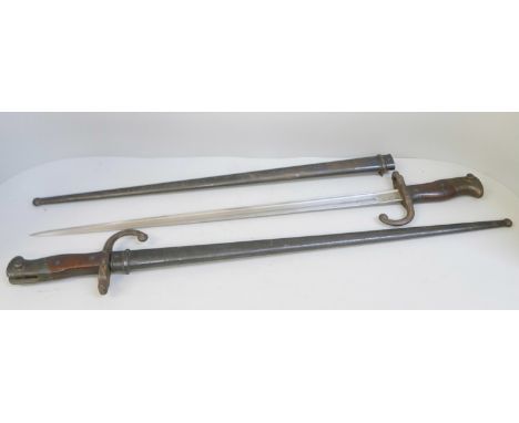 Two pattern 1876 French Gras bayonets, (scabbard &amp; bayonet numbers matching), armoury Chat &amp; Etienne 