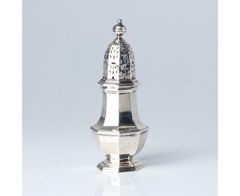 Maker's mark indecipherable, the octagonal body with moulded girdle, the detachable pierced cover with compressed bulbous fin