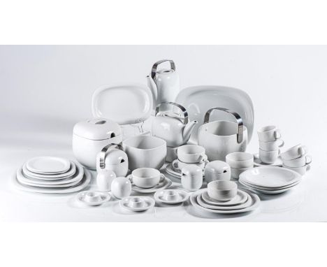 Comprising: 8 meat plates, 9 fish plates, 7 soup coupes and 9 saucers, 8 soup bowls, 7 side plates,  8 dessert bowls, 6 egg c