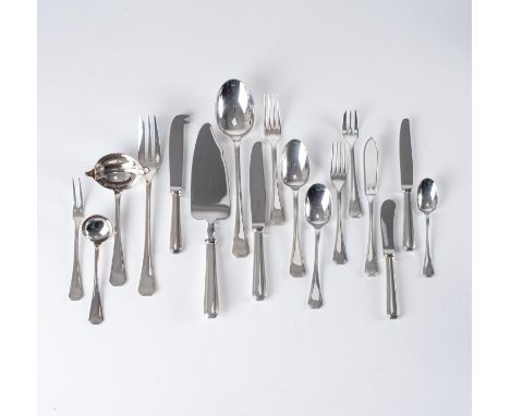 Comprising: 12 forks, 1 soup ladle, 12 butter knives, 12 knives, 12 dessert knives, 12 spoons, 12 tea spoons, 12 dessert fork