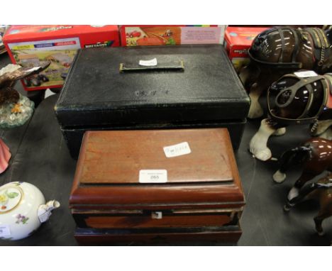 19th C Black Leather Writing Box by Halstaff & Hannaford and a Mahogany Tea Caddy (both A/F)