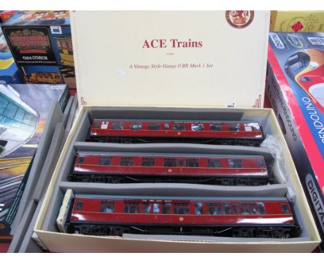 An Ace Trains "O"Gauge/7mm Boxed Mark One Three Coach BR Maroon Set, R/No's 3099, 13089 and 15328 "The Mid Day Scot" and "Lon