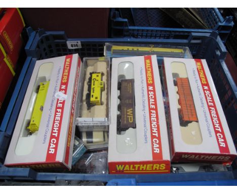 Forty Three Items of U.S.A Outline "N" Gauge Rolling Stock, boxed and loose, caboose's box vans, gondola's, hopper cars etc, 