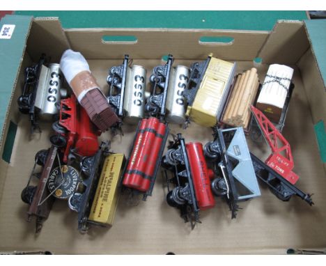 Thirteen Hornby "O"Gauge/7mm Unboxed Items of Four Wheel Rolling Stock, tank wagons (5), crane, hopper, insulmeat box van, ga