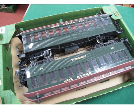 Two Bachmann "G" Gauge Unboxed "East Broad Top" Coaches, Dk green livery, red roof's R/No 10 and 20, very good condition, (ap