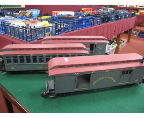 Three Bachmann "G" Gauge Unboxed " W.P and Y.R" Old Timer Coaches, a full baggage car, passenger car R/No. 240 and Royal Mail