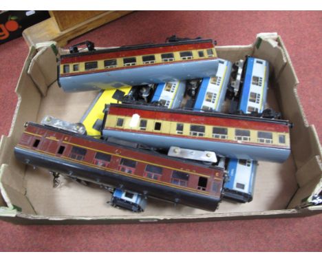 Seven "O"Gauge/7mm Kit Built And/Or Adapted Coaches, three LIMA blue/grey R/No 15867, a LMS maroon brake 3rd, two BR blood/cu