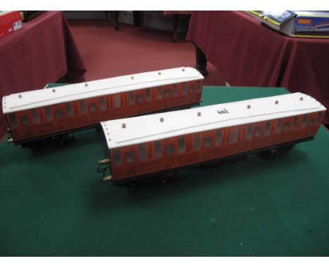 Two "O" Gauge/7mm Kit Built Unboxed Bogie Coaches, wood base, aluminium sides/roof, LNER teak livery (paper) R/No's 2253 1st 