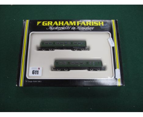 A Graham Farish "N" Gauge Ref No 8133 Class 101 Two Car D.M.U Motor Unit and Dummy, BR green R/N's M56055 and M50313, good bo