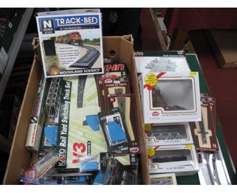 A Quantity of "N" Gauge Track and Track Components, Buildings Etc, comprising a incomplete boxed Kato yard switching set, a u
