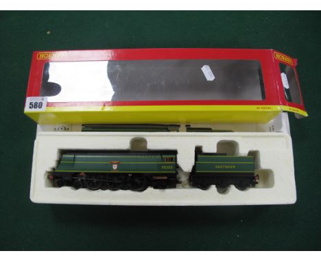 A Hornby Ref No R2219 "OO" Gauge/4mm West Country Class 4-6-2 Steam Locomotive and Six Wheel Tender, Southern green bullied w