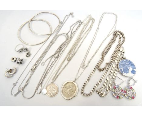 LOT OF SILVER JEWELLERYincluding gem set earrings, neck chains, a blue and white ceramic pendant in silver mount, other silve