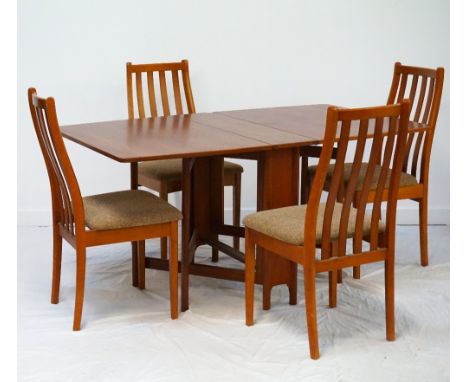 RETRO TEAK DINING ROOM SUITEcomprising a drop-leaf table (91.5cm wide x 150cm long extended) with gate-leg supports; and four