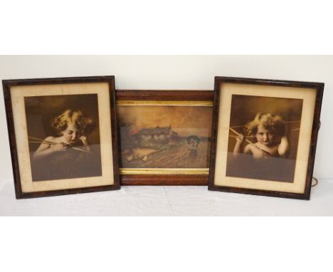 PAIR OF VICTORIAN PRINTS'Cupid Awake' and 'Cupid Asleep', 27.5cm x 22cm, and an Edwardian print after Tom Lloyd (3)
