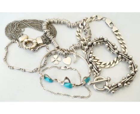 SELECTION OF SILVER BRACELETSincluding a Links of London multi chain design bracelet, a turquoise set example, a clear gem se