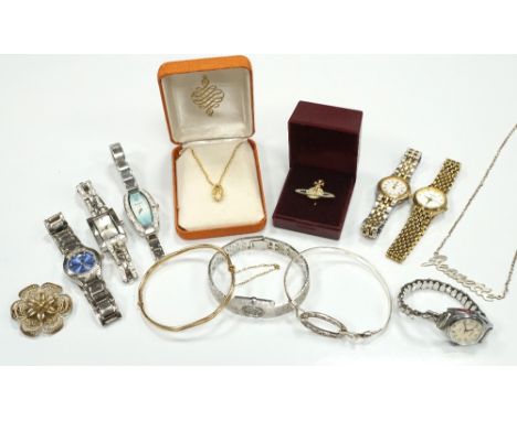 SELECTION OF JEWELLERY AND WATCHEScomprising a silver filigree flower brooch; a rolled gold and a silver bangle; a silver pen