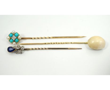 THREE GOLD STICK PINS one set with sapphire and diamond in unmarked gold, another with diamond, turquoise and seed pearl in u
