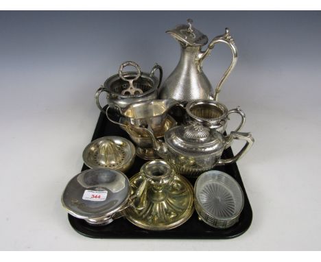 An electroplate water jug, sucrier, lemon squeezer and jugs etc.