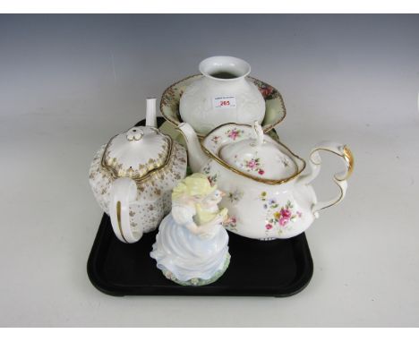 A Maling Rosalind pattern bowl, Spode tea pot and a Coalport figurine etc.