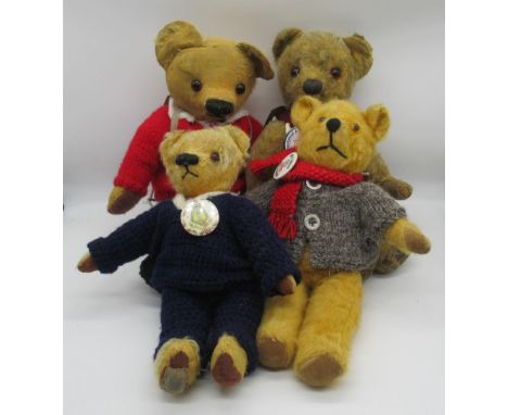 Collection of c. 1940s-50s British teddy bears including a Chad Valley bear in knitted school uniform, H37cm, a Chad Valley b