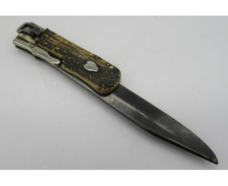 German style folding hunting dagger with 7" blade and antler grips 