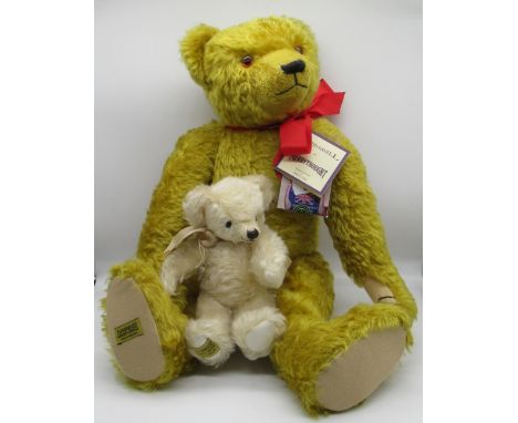 Merrythought large Alpha Farnell replica bear in golden mohair with red ribbon, Limited Edition 38/100, H60cm and another Mer