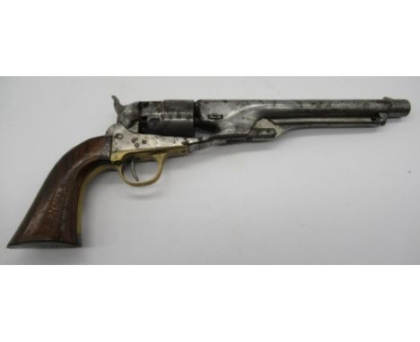 Percussion cap Colt style six shot .44 army model style revolver, with 8" barrel, engraved naval scenes to the cylinder, no. 