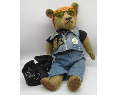 Chad Valley c. 1930's Biker teddy bear with glass eyes, jointed arms and legs and swivel head, wearing Harley Davidson clothi