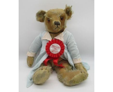 Farnell c1930s teddy bear in blonde mohair, with glass eyes, jointed arms and legs, swivel head and vertically stitched mouth