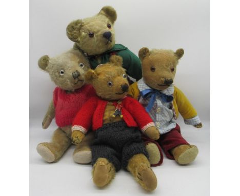 Collection of c. 1930s Chiltern teddy bears, including a teddy bear in golden mohair with glass eyes, jointed arms and legs a