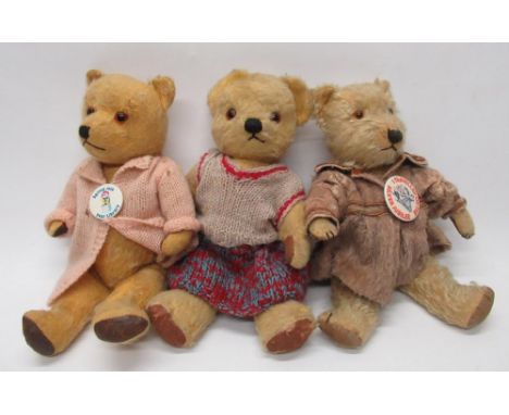 Collection of c. 1930/50's British teddy bears, including a Chiltern teddy bear in blonde mohair, with glass eyes, jointed ar