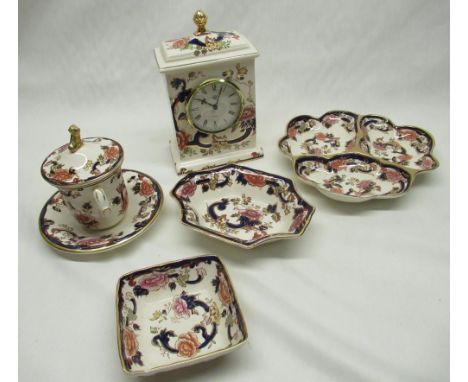 Mason's Mandalay pattern mantle clock with quartz movement and gilt finial H21cm, three section dish D20, two other dishes a 