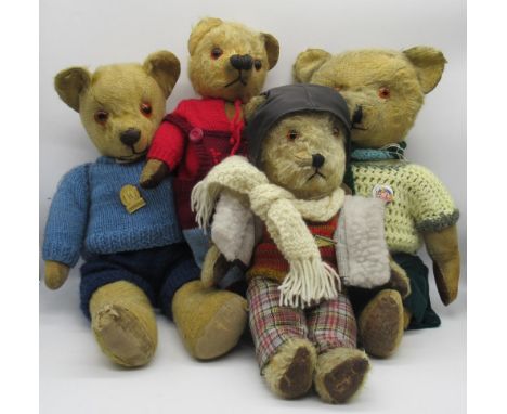 Collection of c. 1940/50's British teddy bears: Pedigree c. 1950's teddy bear with original pads, wearing blue jumper and nav